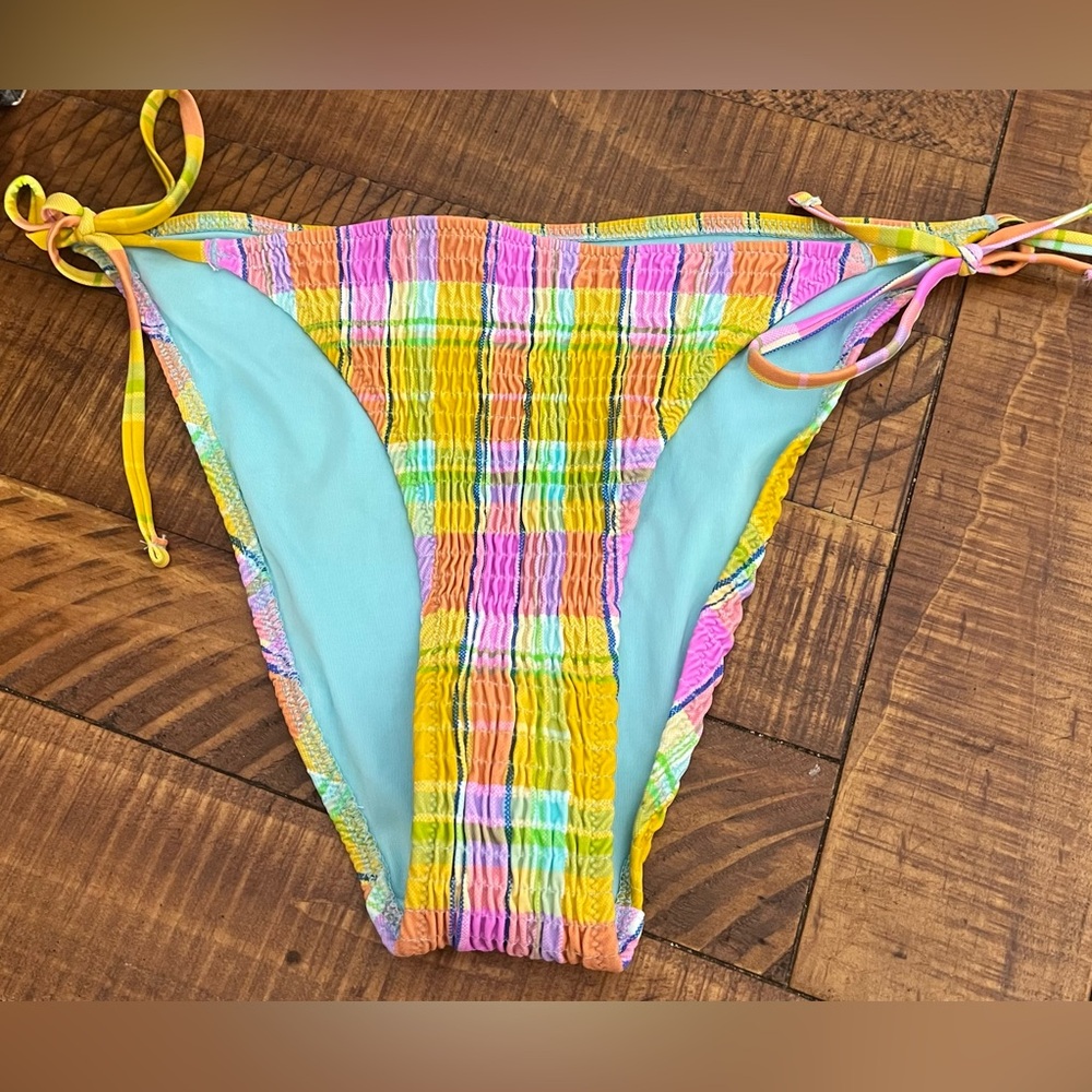 NWT Aerie String Tie Cheeky Bikini Bottoms in Plaid Gingham - Size L